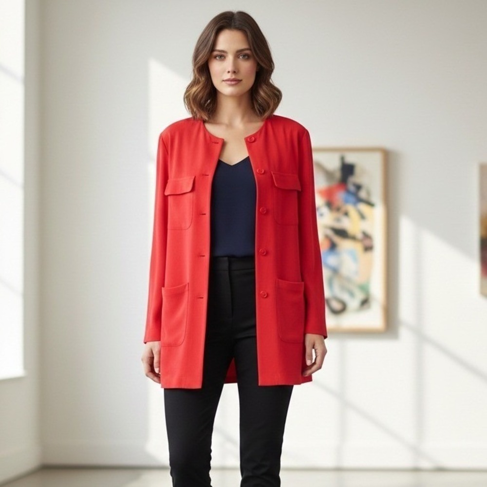 Vtg Neiman Marcus Jacket Women's Size 12 Red Silk Button Up‎ Front Pockets Retro